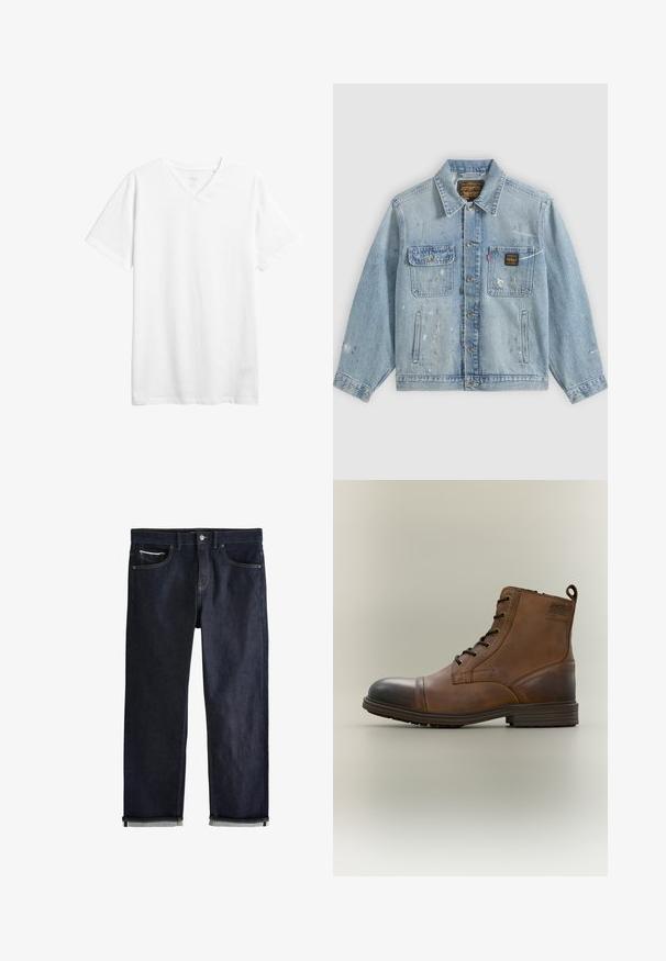 Hellblaue Jeansjacke mit Knopfleiste vorne, zwei Brusttaschen, Seitentaschen und abgenutzten Farbspritz-Details an Ärmeln und Vorderseite.; Weißes kurzärmliges V-Ausschnitt-T-Shirt aus Baumwolle. Verfügt über einen lässigen Schnitt und eine glatte Textur ohne sichtbare Muster oder Grafiken.; Dunkelblaue Jeans aus Denim mit umgeschlagenen Bündchen, Knopf- und Reißverschluss, Vorder- und Münztaschen und kontrastierenden Nähten vor weißem Hintergrund.; Brauner Leder-Schnürstiefel bis zum Knöchel mit schwarzer Zehenkappe, runder Sohle und Markenlabel an der Seite vor schlichtem Hintergrund.