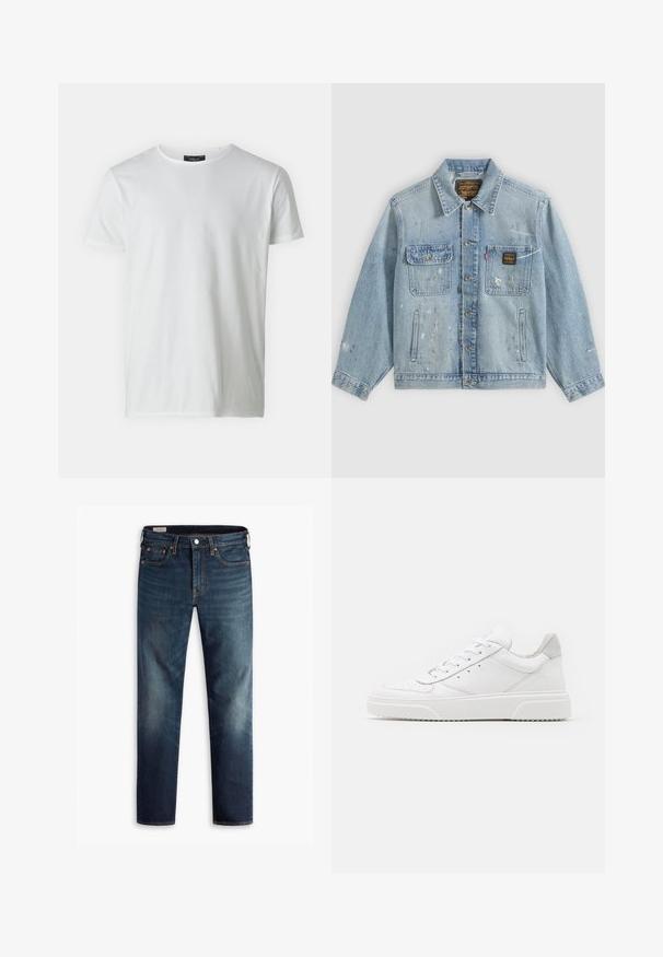 Hellblaue Jeansjacke mit Knopfleiste vorne, zwei Brusttaschen, Seitentaschen und abgenutzten Farbspritz-Details an Ärmeln und Vorderseite.; Weißes T-Shirt mit kurzen Ärmeln und Rundhalsausschnitt aus Baumwolle mit glatter Textur. Verfügt über ein Etikett am Kragen. Einfaches, schlichtes Design.; Dunkelblaue Jeans mit geradem Bein, fünf Taschen und Kupferbeschlägen. Ausgebleichte Stellen an den Beinen sorgen für einen Texturkontrast.; Weiße Leder-Sneaker mit glatter Oberfläche, rundem Zehenbereich, flachen Schnürsenkeln und strukturiertem Schuhsohlen. Graues Wildleder-Detail an der Ferse.
