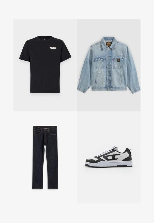 Hellblaue Jeansjacke mit Knopfleiste vorne, zwei Brusttaschen, Seitentaschen und abgenutzten Farbspritz-Details an Ärmeln und Vorderseite.; Schwarzes Baumwoll-T-Shirt mit kurzen Ärmeln, Rundhalsausschnitt und einem kleinen weißen Levi's-Logo auf der linken Vorderseite.; Dunkelblaue, gerade geschnittene Jeans aus Denim mit Fronttaschen, Gürtelschlaufen und kontrastierendem orangefarbenem Nähen, flach auf weißem Hintergrund ausgelegt.; Schwarze und weiße Sneaker mit Obermaterial aus strukturiertem Leder, gepolstertem Schuhkragen, runder Zehenpartie und kontrastierender Gummisohle. Inklusive weißer Schnürsenkel und Logodetail.