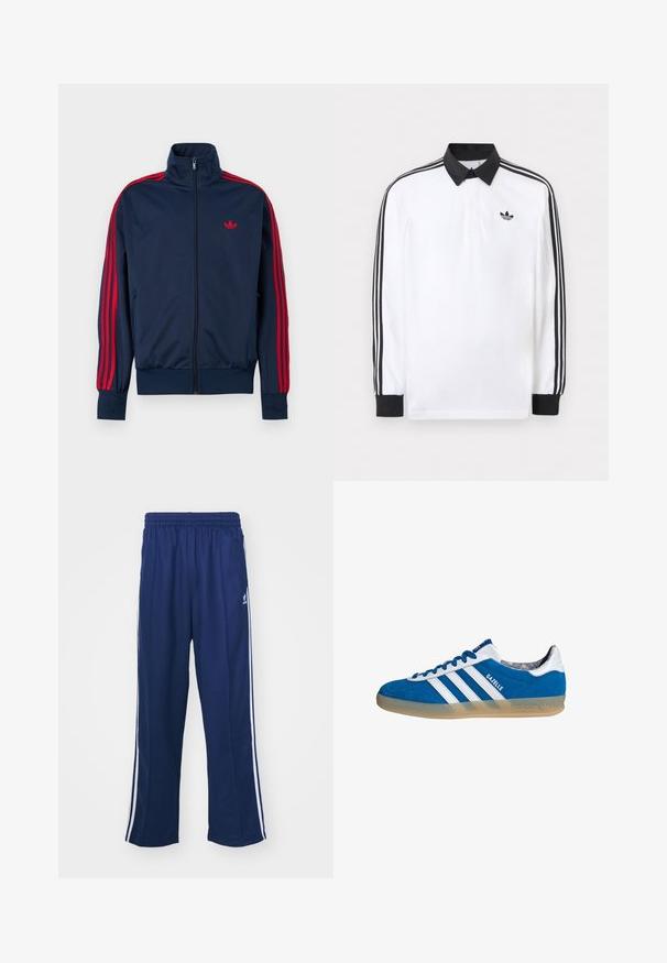 Marineblå zip-up træningstrøje med røde striber på ærmerne og rødt Adidas-logo på brystet, høj krave samt ribstrikkede manchetter og kant.; Hvid langærmet polo med sort krave, sorte manchetter, sort tre-stribet design på ærmerne og sort Adidas-logo på brystet.; Marineblå sportbukser med en afslappet pasform, udstyret med hvide sidestativer og elastisk talje. Glat stof, ingen synlige mønstre eller hardware.; Blå og hvide Adidas Gazelle sneaker med gummisål og tre hvide striber, set fra siden på en hvid baggrund.