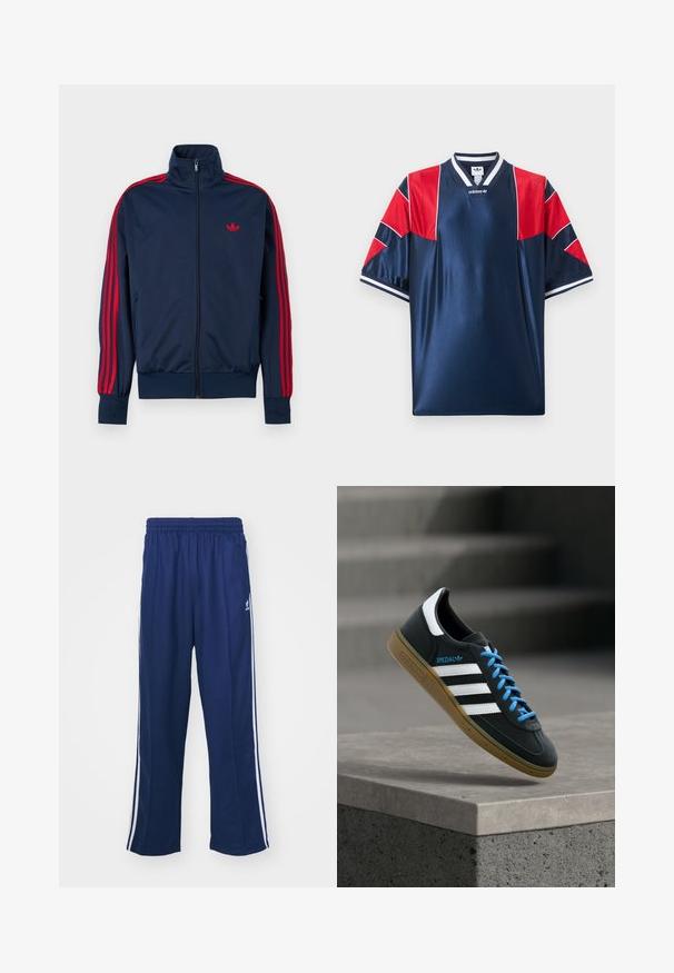 Marineblauer Trainingsjacke mit Reißverschluss, roten Streifen an den Ärmeln und rotem Adidas-Logo auf der Brust, hohem Kragen sowie gerippten Bündchen und Saum.; Marineblaue Adidas-Sporttrikot mit roten Mesh-Einsätzen auf Schultern und Ärmeln, weiß gestreifter Kragen und Ärmelbündchen, Logo auf der Brust.; Marineblaue Sporthosen mit einem lockeren Schnitt, ausgestattet mit weißen seitlichen Streifen und einem elastischen Bund. Glattes Material, keine sichtbaren Muster oder Beschläge.; Schwarzer Adidas-Sneaker mit weißen Streifen, blauen Schnürsenkeln und Gummisohle, der über einer grauen Betontreppe im weichen Licht schwebt.