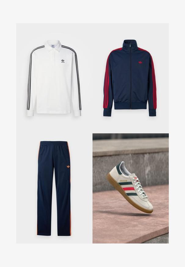 Marineblauer Trainingsjacke mit Reißverschluss, roten Streifen an den Ärmeln und rotem Adidas-Logo auf der Brust, hohem Kragen sowie gerippten Bündchen und Saum.; Weißes Poloshirt mit langen Ärmeln, klassischem Kragen, schwarzen drei Streifen an den Ärmeln und kleinem schwarzem Logo auf der Brust.; Marineblaue Sporthose mit orangen Seitstreifen, elastischem Bund, Reißverschluss-Vordertaschen und einem kleinen orangen Adidas-Logo am Oberschenkel.; Weißer Adidas Sneaker mit grünen und roten Streifen, Gummisohle und "SPEZIAL"-Branding, der über einem Steinpflaster schwebt.