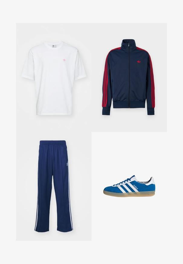 Marineblå zip-up træningstrøje med røde striber på ærmerne og rødt Adidas-logo på brystet, høj krave samt ribstrikkede manchetter og kant.; Hvid bomulds t-shirt med rund halsudskæring og korte ærmer. Bemærkelsesværdige detaljer inkluderer et lille rosa og grønt logo på venstre bryst.; Marineblå sportbukser med en afslappet pasform, udstyret med hvide sidestativer og elastisk talje. Glat stof, ingen synlige mønstre eller hardware.; Blå og hvide Adidas Gazelle sneaker med gummisål og tre hvide striber, set fra siden på en hvid baggrund.