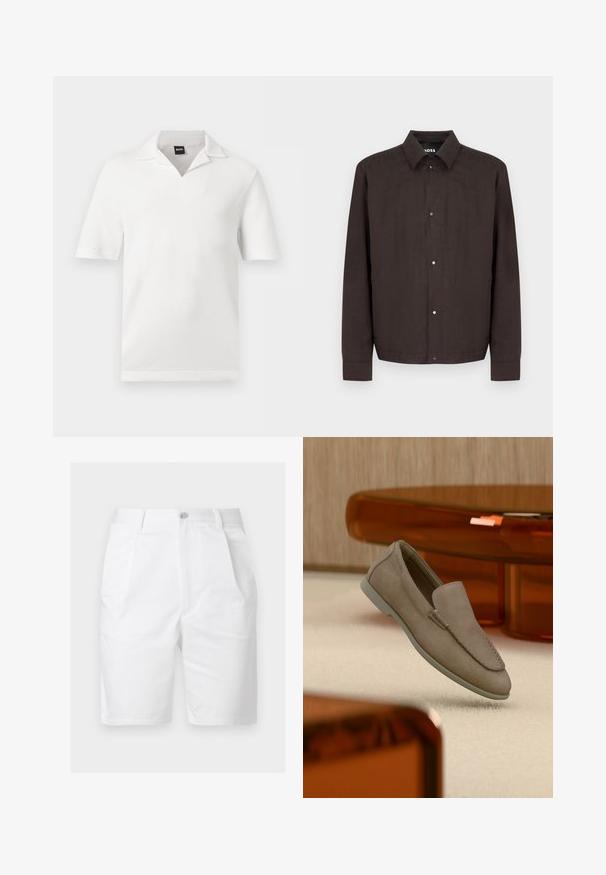 Veste pour homme marron foncé à boutons, avec col et manches longues, présentée sur un fond clair uni.; Polo blanc à manches courtes avec col ouvert et tissu texturé, étiqueté avec la marque BOSS au niveau du col.; Short blanc mi-long jusqu'aux genoux avec plis à l'avant, poches latérales, passants pour ceinture et fermeture par bouton à la taille.; Mocassin beige en daim à enfiler avec coutures visibles et semelle claire, positionné au-dessus d'un tapis crème, avec un meuble translucide orange en arrière-plan.