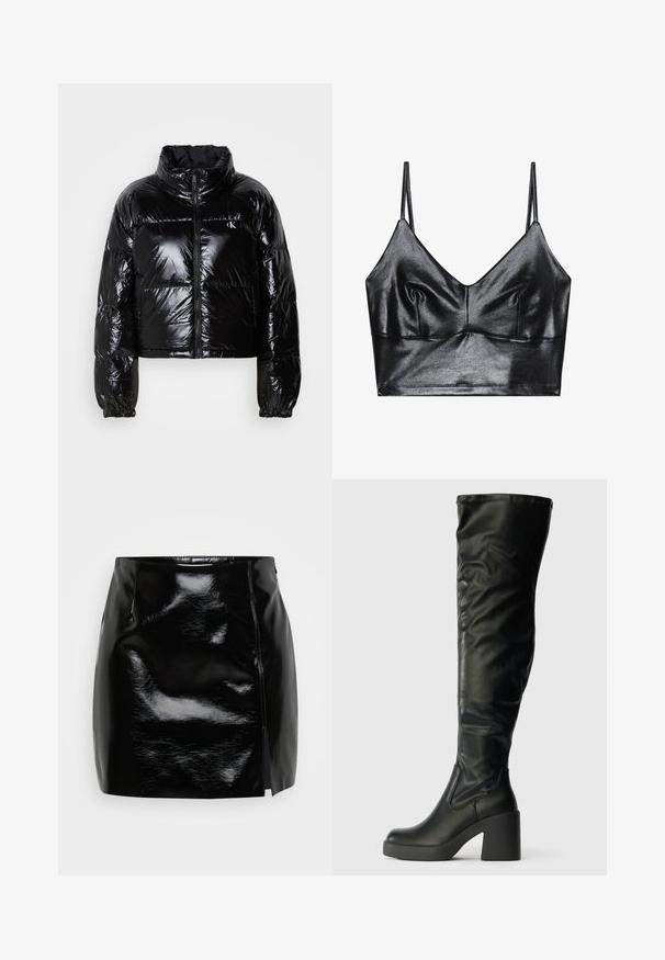 Doudoune noire avec une texture brillante et lisse, design cropped, col haut et poignets élastiqués. Comprend une fermeture éclair à l'avant et un détail de logo.; Bralette noire et brillante avec des fines bretelles réglables, présentant un décolleté en V, une texture lisse et un léger plissé au niveau de la poitrine pour la forme.; Mini-jupe noire en matériau brillant. Comprend une fermeture éclair sur le côté et une fente sur le côté droit pour un détail et un design supplémentaires. Texture lisse.; Bottes noires en simili cuir au-dessus du genou avec un design épuré, une plateforme épaisse et un bout arrondi. Texture lisse et détails de couture minimalistes.