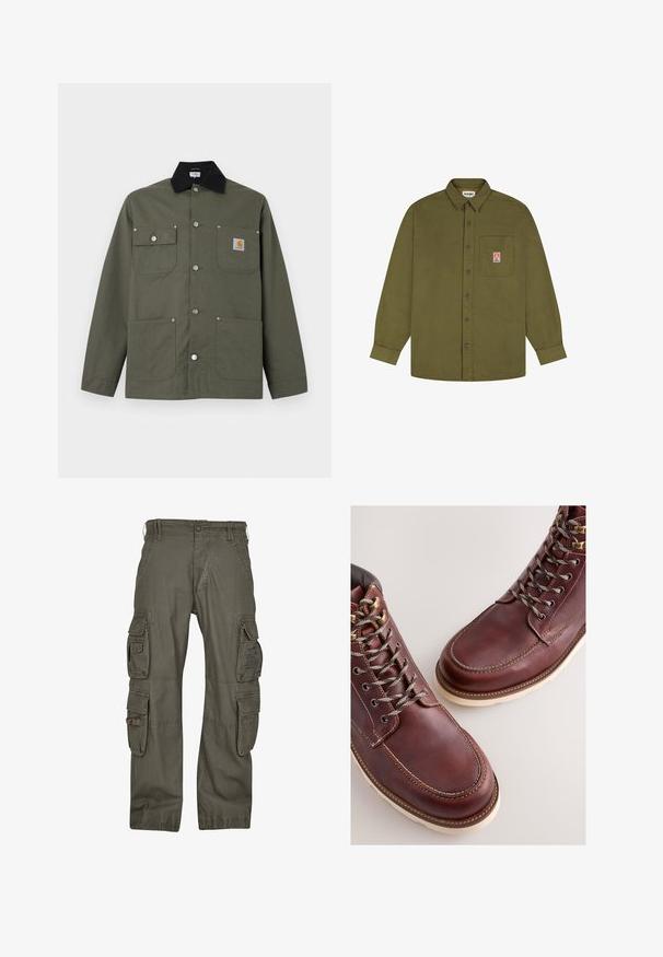 Veste en toile verte avec col noir, quatre poches avant, fermeture par boutons-pression, et un petit écusson logo Carhartt sur la poche poitrine.; Wrangler LOOSE FIT - Chemise - beech; Pantalon cargo en coton vert olive, doté de multiples poches latérales, d'une coupe décontractée et de coutures renforcées pour une meilleure durabilité.; Bottes en cuir marron à finition lisse, dotées d'œillets métalliques, de lacets gris et d'une semelle en caoutchouc de couleur crème. Détails de coutures le long des bords.