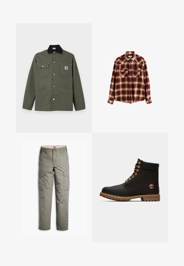 Zelená plátenná bunda s čiernym golierom, štyrmi prednými vreckami, zapínaním na pracku a malou nášivkou s logom Carhartt na hrudnom vrecku.; Dlhý rukáv, zapínanie na gombíky, košeľa s kockovaným vzorom v marónovej, béžovej a bielej farbe, dve náprsné vrecká so záklopkami na gombíky a so špicatým golierom.; Olive green cargo nohavice, vyrobené z odolnej bavlnenej zmesi, s bočnými vreckami, priamym strihom a uzatváraním na gombík.; Čierne kožené členkové topánky so zlatými očkami, hnedými akcentmi a gumovou podrážkou. Majú polstrovaný golier a embosované logo na boku.