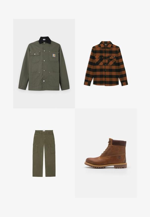 Veste en toile verte avec col noir, quatre poches avant, fermeture par boutons-pression, et un petit écusson logo Carhartt sur la poche poitrine.; Chemise à manches longues en motif écossais orange et noir, fabriquée dans un tissu texturé. Comprend deux poches poitrine et une fermeture à boutons.; Pantalons cargo vert olive avec un design à jambes droites, deux grandes poches latérales et une coupe classique à cinq poches. Fabriqués en matériau en coton solide.; Botte de randonnée en cuir marron avec une finition lisse, cheville rembourrée, œillets en métal et semelle en caoutchouc dotée d'un motif de crampons robuste.