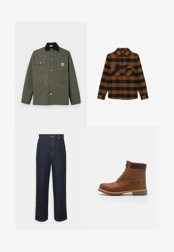 Groene canvas jas met zwarte kraag, vier zakken aan de voorkant, drukknopen als sluiting en een klein Carhartt-logo op de borstzak.; Langarmshirt in een oranje en zwart geruit patroon, gemaakt van een gestructureerde stof. Heeft twee borstzakken en een knoopsluiting aan de voorkant.; Wijde donkerblauwe spijkerbroek met gele stiksels, voorzien van een knoopsluiting aan de voorkant en zijzakken. Glad van textuur en met een traditioneel ontwerp.; Bruine leren wandelschoen met een gladde afwerking, gevoerde enkel, metalen oogjes en een rubberen zool met een robuust profiel.
