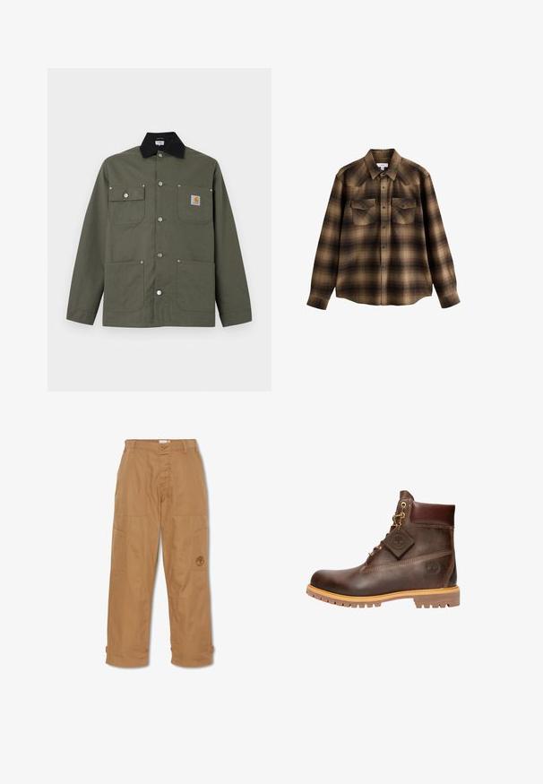 Grøn lærredsjakke med sort krave, fire forlommer, lukning med trykknapper og et lille Carhartt-logo på brystlommen.; Brun og sort ternet langærmet skjorte med krave, trykknapper foran og to brystlommer med klap og knapper.; Khaki arbejdsbukser, lavet af slidstærkt stof, har flere lommer, knaplukning og broderet logo på låret.; Brun læder ankelstøvle med rund tå, solid sål, hardware i guldtone og en tekstureret overdel. Inkluderer et logo-tagfæstet.