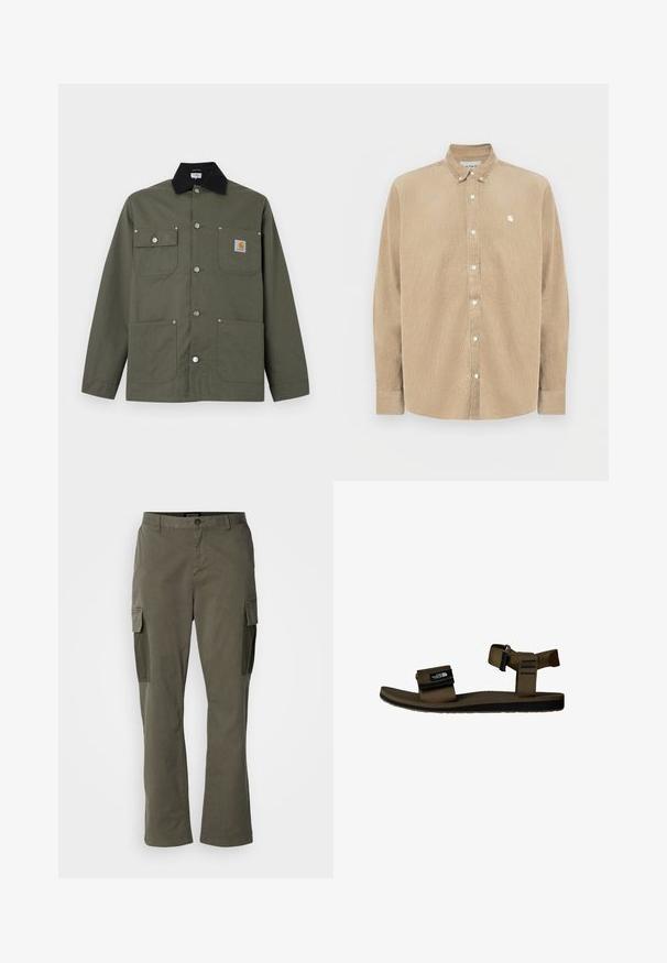 Grøn lærredsjakke med sort krave, fire forlommer, lukning med trykknapper og et lille Carhartt-logo på brystlommen.; Beige fløjlsbukse-skjorte med knapper og krave, hvide knapper og en lille logo på venstre bryst. Har lange ærmer og en lige snit.; Olivengrøn cargo bukser med lige ben design, der har sidelommer, lynlåslukninger og et bomuldsblandingsstof for holdbarhed.; Brun rem sandal med en tekstureret fodseng, justerbar ankelrem og Velcro-lukning. Sorte accenter og logo på remmen.