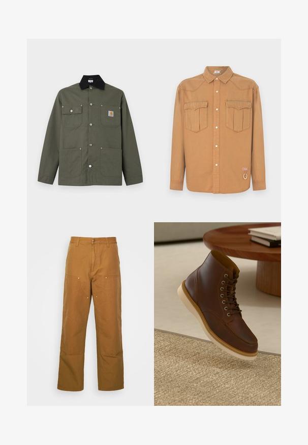 Zelená plátenná bunda s čiernym golierom, štyrmi prednými vreckami, zapínaním na pracku a malou nášivkou s logom Carhartt na hrudnom vrecku.; Hnedá denimová košeľa s dvoma náprsnými vreckami, špicatým golierom, zapínaním na gombíky vpredu a kontrastným prešitím. Má logo nášivku a detail s pútkom.; Hnedé bavlnené utility nohavice so strihom rovného nohu, ktoré obsahujú predné vrecká a kovové detaily pre zvýšenú odolnosť.; Hnedé kožené členkové čižmy s béžovou podrážkou na textúrovanom béžovom koberci vedľa okrúhleho dreveného stola so stohom kníh.