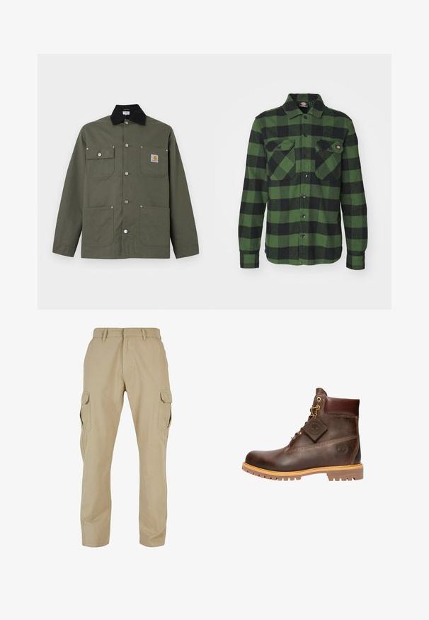 Chaqueta de lona verde con cuello negro, cuatro bolsillos delanteros, cierre con botones de presión y un pequeño parche con el logo de Carhartt en el bolsillo del pecho.; Camisa de franela a cuadros verde y negra con dos bolsillos en el pecho, cierre de botones, mangas largas y cuello puntiagudo. Textura suave.; Pantalones cargo beige de algodón twill, con múltiples bolsillos laterales, diseño de pierna recta y cierre con cremallera y pasadores para cinturón.; Botín de cuero marrón hasta el tobillo con punta redonda, suela resistente, herrajes en tono dorado y parte superior texturizada. Incluye una etiqueta con el logo adjunta.