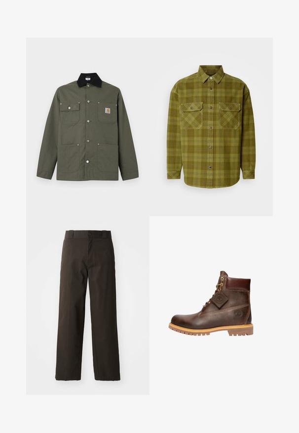 Chaqueta de lona verde con cuello negro, cuatro bolsillos delanteros, cierre con botones de presión y un pequeño parche con el logo de Carhartt en el bolsillo del pecho.; Camisa de cuadros verdes hecha de algodón, con cuello de botón, dos bolsillos frontales con solapas y mangas largas con puños abotonados.; Pantalones de algodón negros con un diseño de pierna recta, que cuentan con un cierre de botón y una cinturilla clásica. Textura suave, sin patrones ni acentos.; Botín de cuero marrón hasta el tobillo con punta redonda, suela resistente, herrajes en tono dorado y parte superior texturizada. Incluye una etiqueta con el logo adjunta.