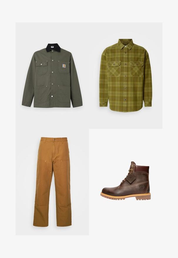 Grøn lærredsjakke med sort krave, fire forlommer, lukning med trykknapper og et lille Carhartt-logo på brystlommen.; Grønternet skjorte lavet af bomuld, med skjortekrave, to forsyningslommer med klapper og lange ærmer med knapmanchetter.; Brune bomuldsarbejdsbukser med lige ben-design, der har frontlommer og metalhardware detaljer for ekstra holdbarhed.; Brun læder ankelstøvle med rund tå, solid sål, hardware i guldtone og en tekstureret overdel. Inkluderer et logo-tagfæstet.