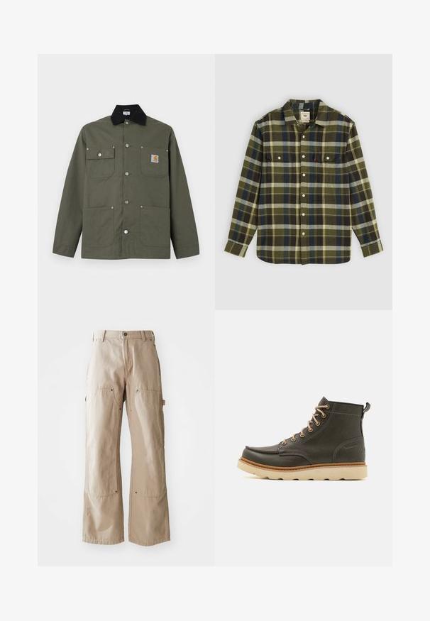 Groene canvas jas met zwarte kraag, vier zakken aan de voorkant, drukknopen als sluiting en een klein Carhartt-logo op de borstzak.; Groene geruite flanellen overhemd met lange mouwen, voorzien van twee borstzakken en witte knopen. Materiaal heeft een zachte textuur en een casual ontwerp.; Beige wijde broek van stevige katoen. Heeft voor- en zijzakken, zichtbare stiksels en metalen accenten op de zakken.; Donkergroene leren enkelboots met beige veters, gewatteerde kraag en gestructureerde rubberen zool. Heeft waterdichte markeringen en stikdetails.
