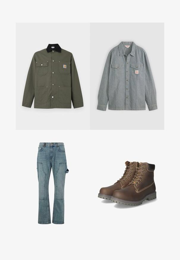 Grøn lærredsjakke med sort krave, fire forlommer, lukning med trykknapper og et lille Carhartt-logo på brystlommen.; Stribet skjorte i blå og hvid, med krave, to brystlommer og et lille mærke. Lavet af letvægtsstof.; Lyseblå denim cargo bukser med lige ben-design, der har flere lommer og en knaplukning i taljen.; Brune læder ankelstøvler med snørebånd, polstret krave, kontrasterende syninger og slidstærk gummisål med skridsikre mønstre.