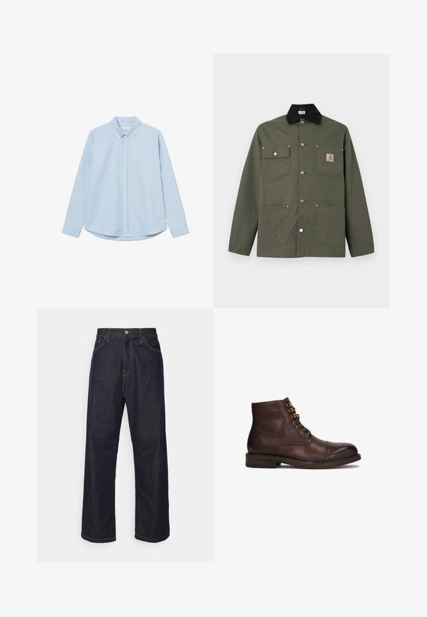 Groene canvas jas met zwarte kraag, vier zakken aan de voorkant, drukknopen als sluiting en een klein Carhartt-logo op de borstzak.; Lichtblauwe lange mouwen overhemd met knoopsluiting en een puntige kraag, enkel borstlogo en afgeronde zoom. Gemaakt van gladde stof met een effen textuur.; Donkerblauwe rechte spijkerbroek met gele stiksels, voorknop, ritssluiting en vijf pocket ontwerp.; Kazar CYMONN - Veterboots - brown