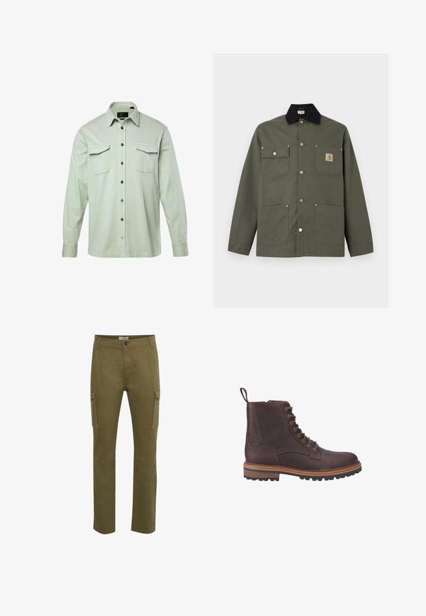 Grøn lærredsjakke med sort krave, fire forlommer, lukning med trykknapper og et lille Carhartt-logo på brystlommen.; Lys grøn langærmet skjorte med knapfront, to brystlommer og sorte knapper. Fremstillet af tekstureret stof, med foldet krave og manchetter.; Grønne cargo-bukser med lige pasform, der har to sidelommer, knaplukning og syet detaljering på stofoverfladen.; Brune læder støvler med snørebånd ved anklen, med en tekstureret overflade, kontrasterende beige såler og metaløjer. Har en trækflig for nem påtagning.