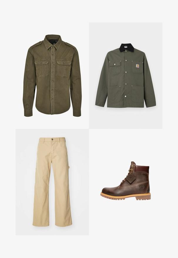 Grøn lærredsjakke med sort krave, fire forlommer, lukning med trykknapper og et lille Carhartt-logo på brystlommen.; Oliven grøn skjorte med knapper lavet af bomuld. Har krave, to brystlommer med klapper og strukturerede skuldre med synlige sømme.; Beige brede cargo bukser med knaplukning, der har sidelommer, lavet af slidstærkt bomuldsstof, glat tekstur og lige skæring.; Brun læder ankelstøvle med rund tå, solid sål, hardware i guldtone og en tekstureret overdel. Inkluderer et logo-tagfæstet.