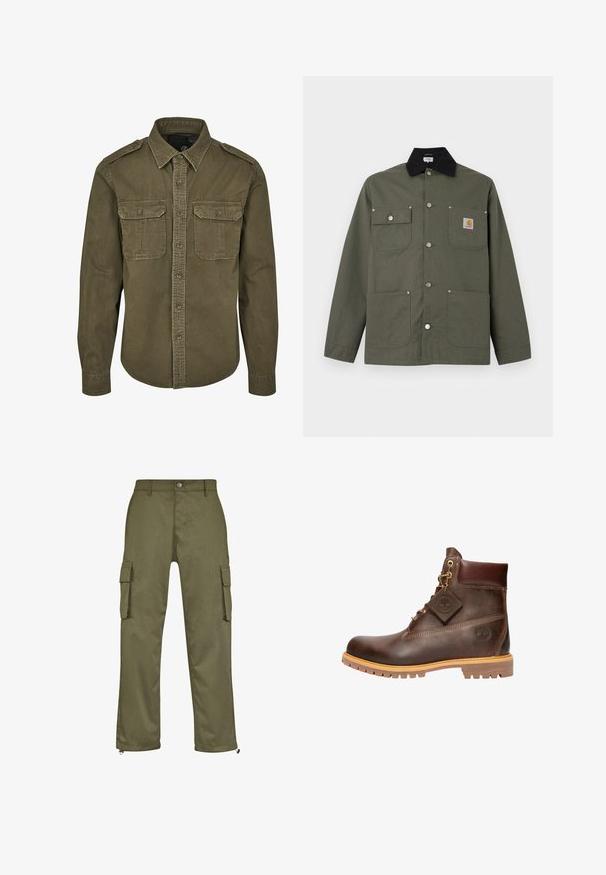 Zelená plátenná bunda s čiernym golierom, štyrmi prednými vreckami, zapínaním na pracku a malou nášivkou s logom Carhartt na hrudnom vrecku.; Olive zelená košeľa na gombíky vyrobená z bavlny. Má golier, dve náprsné vrecká s klopňami a štruktúrované ramená s viditeľným prešívaním.; Olivové cargo nohavice so stright strihom, dvoma bočnými vreckami a zipsovými detailmi na manžetách. Vyrobené z odolného materiálu.; Hnedé kožené členkové čižmy s okrúhlou špičkou, robustnou podrážkou, zlatým kovovým doplnkom a štruktúrovaným zvrškom. Obsahujú priliepený štítok s logom.