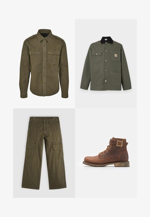 Grøn lærredsjakke med sort krave, fire forlommer, lukning med trykknapper og et lille Carhartt-logo på brystlommen.; Oliven grøn skjorte med knapper lavet af bomuld. Har krave, to brystlommer med klapper og strukturerede skuldre med synlige sømme.; Oliven grønne vidbenede cargobukser med knapflappede lommer på lårene og frontlommer.; Harley Davidson VNTGMOTO SHORT RIDING APPROVED - Cowboy- / bikerstøvlette - brown