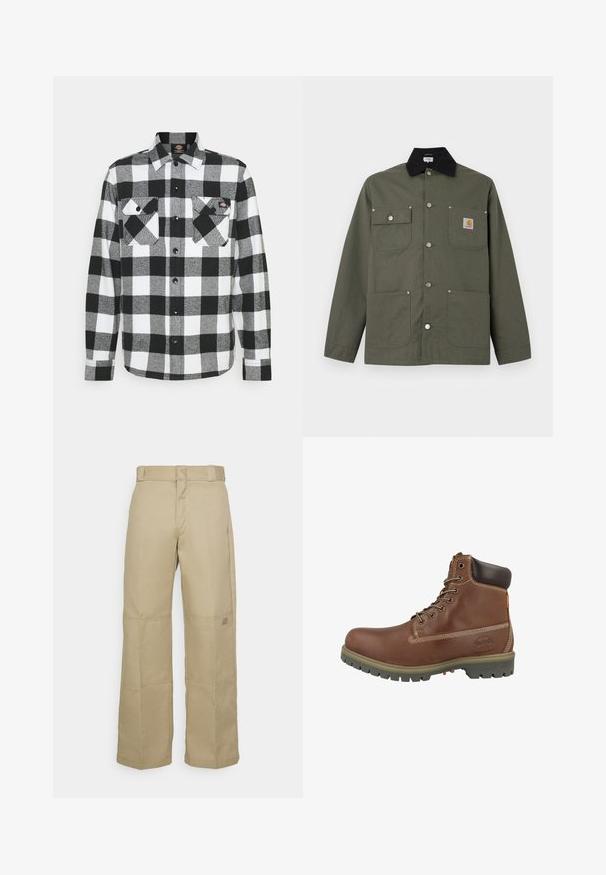 Grøn lærredsjakke med sort krave, fire forlommer, lukning med trykknapper og et lille Carhartt-logo på brystlommen.; Sort og hvid flannel skjorte med ternet mønster, prydet med to brystlommer, knaplukning foran og krave. Blødt, tekstureret stof.; Beige brede benbukser lavet af robust stof, med høj talje, synlig syning og et lille logo-patch på siden.; Brun læderankelstøvle med rundet snude, polstret krave, hvide syninger og gummisål med mønster for godt greb.