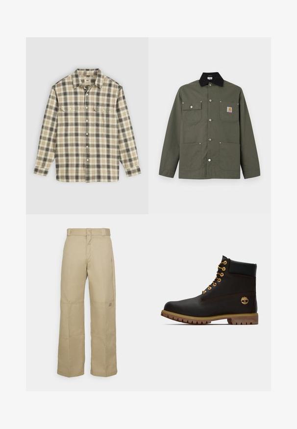 Groene canvas jas met zwarte kraag, vier zakken aan de voorkant, drukknopen als sluiting en een klein Carhartt-logo op de borstzak.; Langarm geruite blouse in beige, zwart en bruin stof, met knoopsluiting, twee borstzakken en een klassiek kraagontwerp.; Beige wijde broek gemaakt van stevig materiaal, met een hoge taille, zichtbare stiksel en een klein logopatch aan de zijkant.; Zwarte leren enkellaars met gouden oogjes, bruine accenten en een rubberen zool. Heeft een gevoerde kraag en geperst logo aan de zijkant.