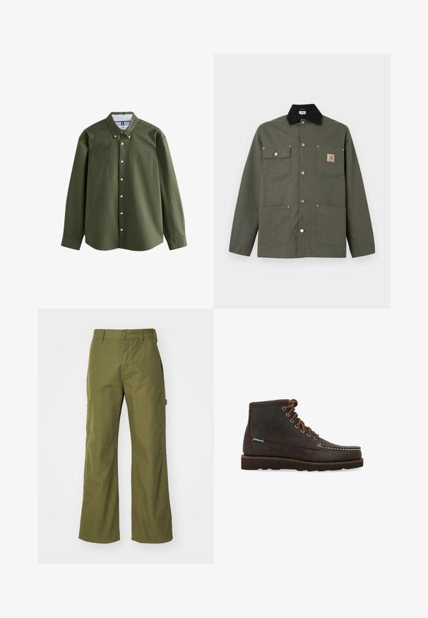 Grøn lærredsjakke med sort krave, fire forlommer, lukning med trykknapper og et lille Carhartt-logo på brystlommen.; Olivengrøn langærmet skjorte med button-down krave, frontknapper og et lille broderet logo. Blødt stof med struktureret design.; Oliven grønne bukser med bred ben, lavet af slidstærkt stof, med knaplukning, sidelommer og lige kantdesign.; Sebago Snørestøvletter - marrone