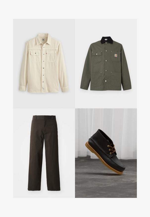 Veste en toile verte avec col noir, quatre poches avant, fermeture par boutons-pression, et un petit écusson logo Carhartt sur la poche poitrine.; Chemise boutonnée en tissu couleur crème, avec deux poches poitrine, un col pointu et des boutons en métal. Texture lisse avec des détails de couture.; Pantalons en coton noirs avec une coupe droite, dotés d'une fermeture à bouton et d'une taille classique. Texture lisse, sans motifs ni accents.; Chaussures en cuir noir avec une finition lisse, bout rond, lacets marron et semelles en caoutchouc marron clair. Logo embossé sur le côté.