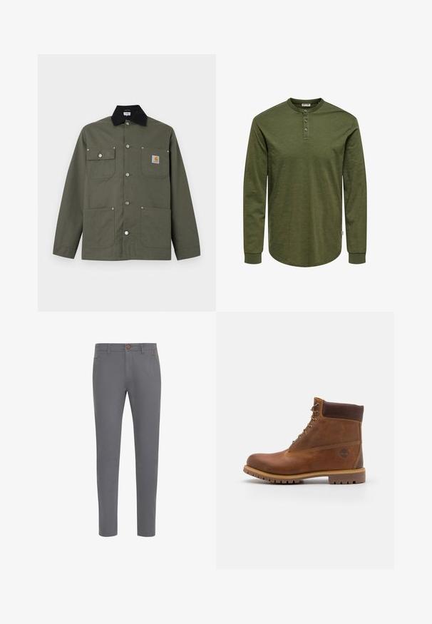 Grüne Canvasjacke mit schwarzem Kragen, vier Fronttaschen, Druckknopfverschluss und kleinem Carhartt-Logoaufnäher auf der Brusttasche.; Olivgrünes Langarmshirt mit Henley-Ausschnitt, drei Knöpfen und abgerundetem Saum. Hergestellt aus weichem, strukturiertem Stoff mit enganliegenden Bündchen.; Graue Baumwollhosen mit einer taillierten Passform, ausgestattet mit einem Knopfverschluss, normalen Taschen und einer glatten Textur.; Braune Lederwanderschuhe mit glatter Oberfläche, gepolstertem Knöchel, Metallösen und einer Gummisohle mit robustem Profil.