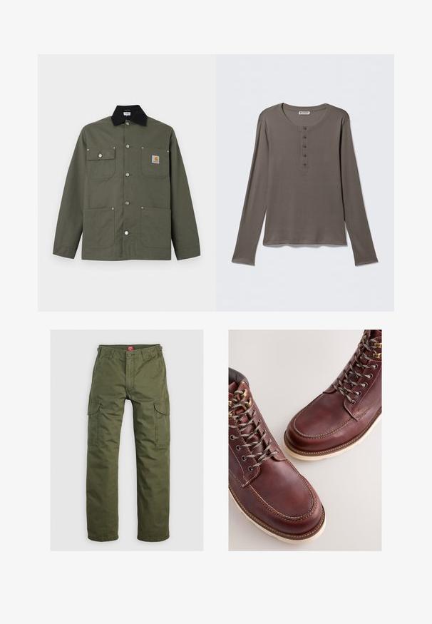 Grøn lærredsjakke med sort krave, fire forlommer, lukning med trykknapper og et lille Carhartt-logo på brystlommen.; Grå henley-shirt med lange ærmer, fem knapper og rund halsudskæring, vist på en ensartet hvid baggrund.; Olivengrønne cargo bukser lavet af slidstærkt stof, med sidelommer, knaplukning og lige ben design.; Brune læderstøvler med en glat finish, med metal-øjer, grå snørebånd og en cremefarvet gummisål. Syning langs kanterne som detalje.