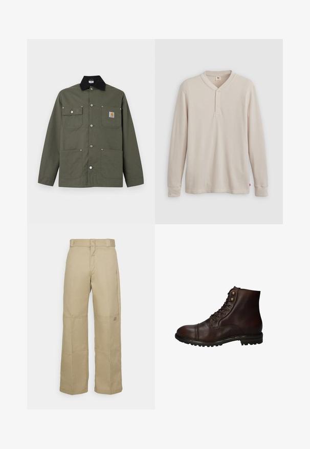 Veste en toile verte avec col noir, quatre poches avant, fermeture par boutons-pression, et un petit écusson logo Carhartt sur la poche poitrine.; T-shirt henley à manches longues en tissu côtelé beige clair, avec un col en V, une patte de boutonnage à trois boutons et des manches à poignets. Étiquette logo rouge à l'ourlet.; Pantalons larges beiges en tissu résistant, dotés d'une taille haute, de coutures visibles et d'un petit logo sur le côté.; Bottines montantes en cuir brun foncé à lacets, avec une semelle en caoutchouc robuste et des œillets en métal, vues du côté extérieur.