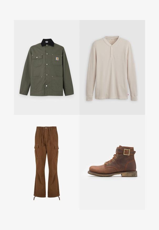 Chaqueta de lona verde con cuello negro, cuatro bolsillos delanteros, cierre con botones de presión y un pequeño parche con el logo de Carhartt en el bolsillo del pecho.; Camisa tipo henley de manga larga en tejido acanalado color beige claro, con escote en V,tapeta de tres botones, y mangas con puños. Etiqueta de logo roja en el dobladillo.; Pantalones cargo marrones con cintura elástica, detalles de cordón, dos bolsillos laterales y piernas más anchas con dobladillos ajustables.; Harley Davidson VNTGMOTO SHORT RIDING APPROVED - Botines camperos - brown