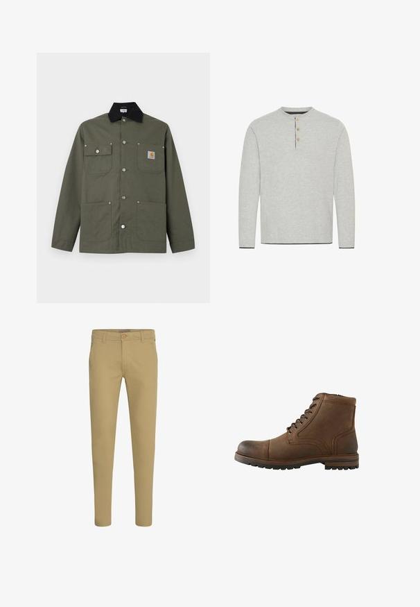 Grüne Canvasjacke mit schwarzem Kragen, vier Fronttaschen, Druckknopfverschluss und kleinem Carhartt-Logoaufnäher auf der Brusttasche.; Hellgraues Langarmshirt aus weichem Stoff mit einem runden Halsausschnitt und drei Holzknöpfen mit kontrastierendem dunklem Besatz.; Slim-Fit beige Chinos mit Knopf- und Reißverschluss, schrägen Vordertaschen und Gürtelschlaufen, auf weißem Hintergrund dargestellt.; Brauner Leder-Stiefel mit Schnürung vorne und robuster Sohle, geeignet für Freizeit- oder Outdoor-Einsätze.