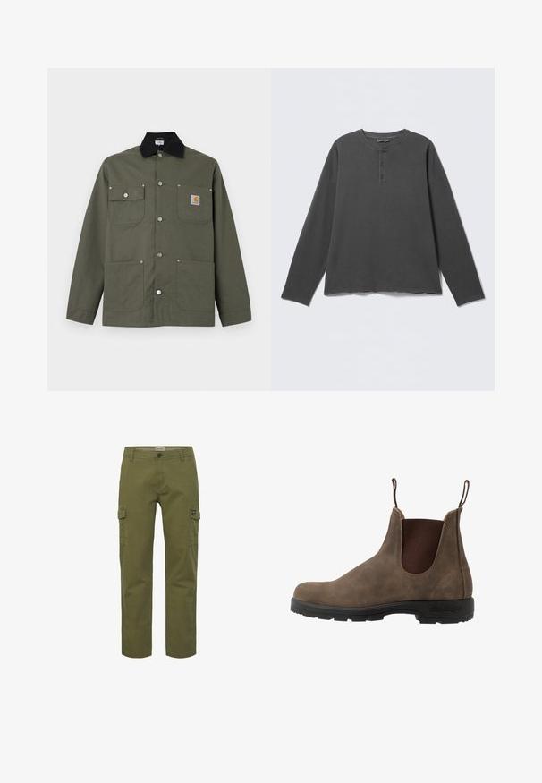 Veste en toile verte avec col noir, quatre poches avant, fermeture par boutons-pression, et un petit écusson logo Carhartt sur la poche poitrine.; Chemise henley à manches longues gris foncé avec un col rond et trois boutons sur la patte de boutonnage avant.; Pantalons cargo en vert olive, avec une coupe droite, des poches avant et latérales, et une fermeture à bouton. Fabriqués en tissu en coton durable.; Bottine chelsea en cuir marron avec des panneaux élastiques sur les côtés, des languettes de traction et une semelle en caoutchouc noir avec un relief texturé pour une meilleure adhérence.