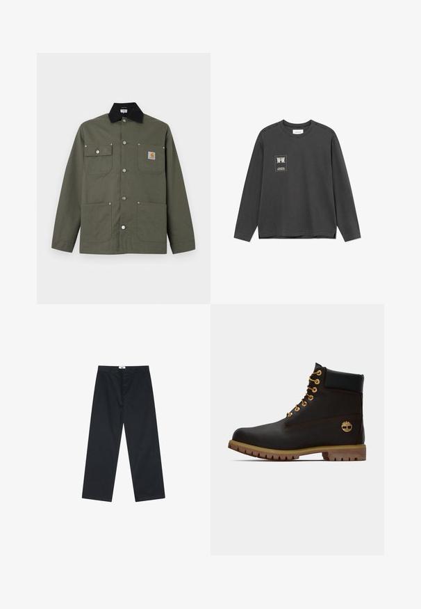 Zelená plátenná bunda s čiernym golierom, štyrmi prednými vreckami, zapínaním na pracku a malou nášivkou s logom Carhartt na hrudnom vrecku.; Tmavosivá dlhorukávová mikina s okrúhlym výstrihom, na ľavej strane hrudníka má malú bielu grafiku a text.; Čierne bavlnené nohavice s rovnými nohavicami, s gombíkovým zapínaním a jednoduchým pásom. Bez vzorov alebo ďalších akcentov.; Čierne kožené členkové topánky so zlatými očkami, hnedými akcentmi a gumovou podrážkou. Majú polstrovaný golier a embosované logo na boku.