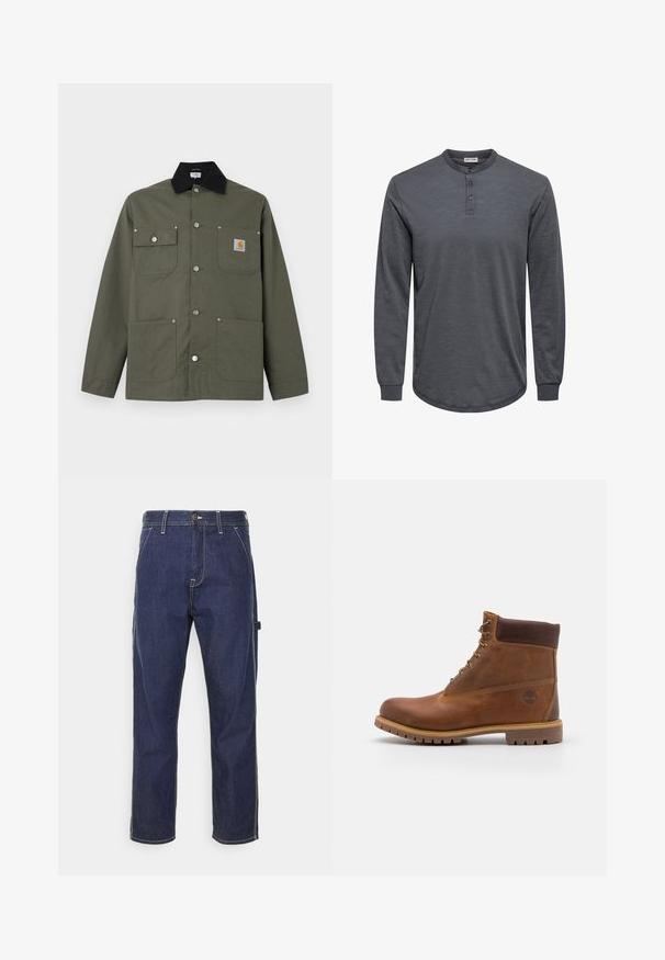 Grøn lærredsjakke med sort krave, fire forlommer, lukning med trykknapper og et lille Carhartt-logo på brystlommen.; Langærmet, grå henley trøje lavet af blødt stof med afrundet kant, tre-knaps åbning og ribstrikkede manchetter.; Mørkeblå denim cargo bukser med gul syning, sidelommer og en lige pasform. Funktioner en knap- og lynlåslukning.; Brun læder vandrestøvle med en glat finish, polstret ankel, metalliske snørehuller og en gummisål med et robust dækmønster.