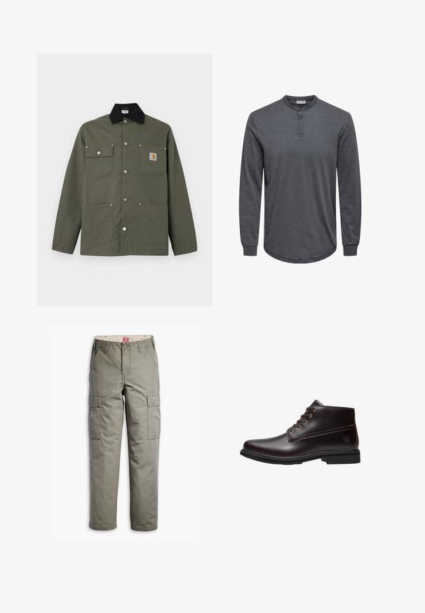Grüne Canvasjacke mit schwarzem Kragen, vier Fronttaschen, Druckknopfverschluss und kleinem Carhartt-Logoaufnäher auf der Brusttasche.; Langärmliges graues Henley-Shirt aus weichem Stoff, mit abgerundetem Saum, drei Knöpfen an der Blende und gerippten Bündchen.; Cargo-Hosen in Olivgrün, aus strapazierfähigem Baumwollmix, mit seitlichen Taschen, einem geraden Bein-Design und Knopfverschluss.; Dunkelbrauner Leder-Schnürstiefel mit schwarzer Sohle und dezentem Markenlogo an der Seite, im Profil vor weißem Hintergrund gezeigt.