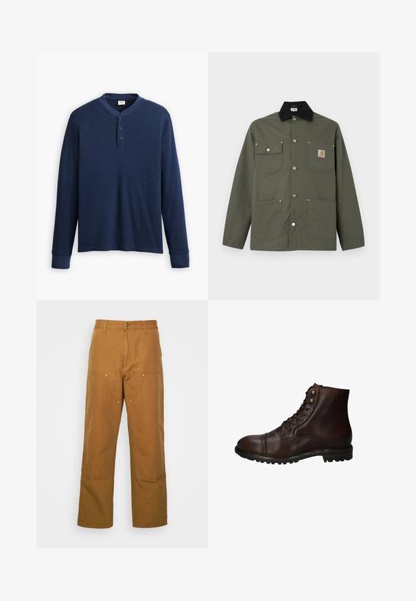 Grüne Canvasjacke mit schwarzem Kragen, vier Fronttaschen, Druckknopfverschluss und kleinem Carhartt-Logoaufnäher auf der Brusttasche.; Langärmliges navyblaues Henley-Shirt aus geripptem Stoff. Mit rundem Ausschnitt und einer Knopfleiste mit drei Knöpfen. Die Bündchen sind schmal geschnitten.; Braune Baumwoll-Arbeitshosen mit geradem Bein, die über Vordertaschen und Metallakzente für zusätzliche Strapazierfähigkeit verfügen.; Dunkelbraune Leder Schnürstiefelette mit robustem Gummisohlen und Metallösen, von der Außenseite betrachtet.