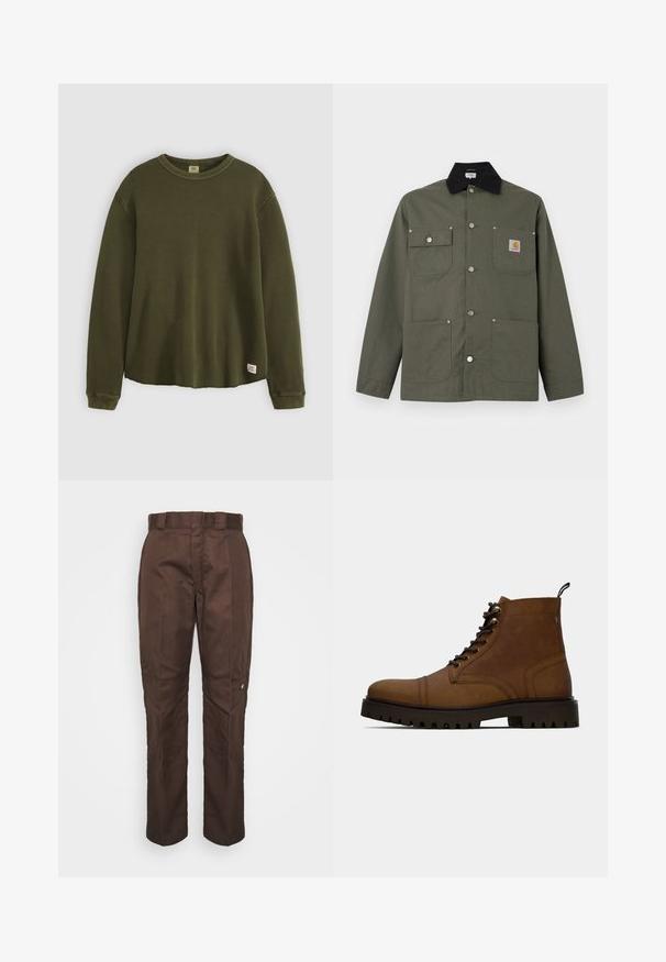 Chaqueta de lona verde con cuello negro, cuatro bolsillos delanteros, cierre con botones de presión y un pequeño parche con el logo de Carhartt en el bolsillo del pecho.; Suéter de manga larga en verde oliva, confeccionado en un material texturizado y acanalado, con cuello redondo, corte relajado y una pequeña etiqueta de la marca en el dobladillo inferior.; Pantalones marrones de pierna recta con una textura suave. Presenta un lazo para cinturón, costuras laterales y un pequeño logo de la marca en la pierna izquierda.; Botín de cuero marrón con cordones, pernas cortas y suela negra gruesa con relieve, con una pestaña de agarre, sobre un fondo blanco.