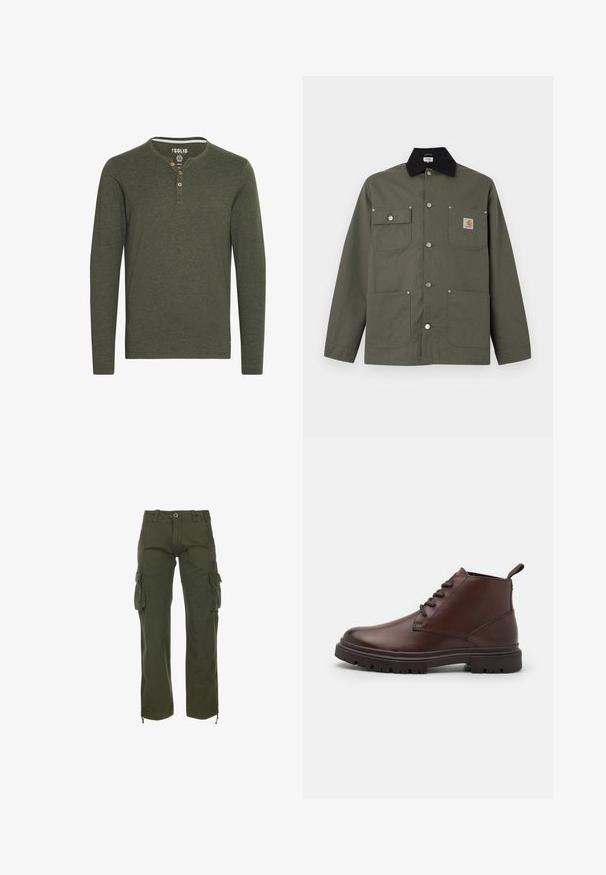 Chaqueta de lona verde con cuello negro, cuatro bolsillos delanteros, cierre con botones de presión y un pequeño parche con el logo de Carhartt en el bolsillo del pecho.; Solid SDVOLKO - Camiseta de manga larga - olive; Pantalones cargo verdes hechos de tela de algodón. Presentan múltiples bolsillos laterales, un cierre de botón y ajustes en los tobillos. Corte casual y holgado.; Zign Botines con cordones - dark brown