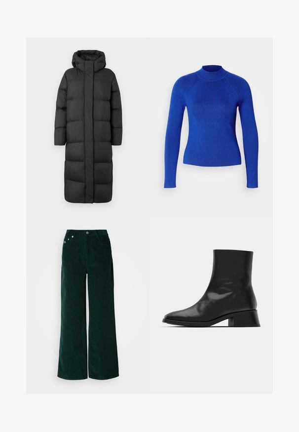 Manteau d'hiver long noir en duvet avec grande capuche, matelassage horizontal et fermeture frontale dissimulée, conçu pour la chaleur et une couverture intégrale.; Pull bleu côtelé avec un col montant et des manches longues. Présente une coupe ajustée et un tissu texturé pour plus de détails.; Pantalon large en velours côtelé vert foncé. Présente une texture côtelée horizontale, des poches avant et une fermeture à boutons avec des accents de marque.; Bottine noire en cuir brillant, au design épuré, avec un bout pointu et un petit talon bloc pour plus de stabilité.