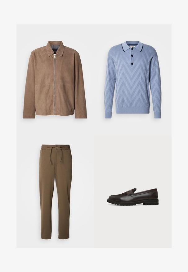 Veste en daim marron avec col, fermeture zippée à l'avant et manches longues. Le tissu a une texture lisse et présente peu de coutures.; Polo tricoté bleu clair avec un motif en chevron, trois boutons noirs et un col marine contrastant. Manches longues et poignets côtelés.; Pantalons de survêtement marron, effilés, avec une taille élastique et un cordon de serrage. Texture douce et lisse, avec des poches latérales et un design simple.; Mocassin penny en cuir et daim marron foncé avec semelle épaisse en caoutchouc noir, profil latéral sur fond blanc.