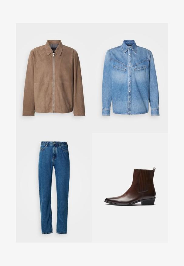 Brun ruskindsjakke med krave, lynlås foran og lange ærmer. Stoffet har en glat tekstur og få syninger.; LYSEBLÅ DENIMSKJORTE MED LANGE ÆRMER, SPIDSE KRAVE, TO BRYSTLOMMER OG KNAPLUKNING FORAN. HAR HVITE KNAPPER OG KONTRASTSYMNING.; Blå lige ben denim jeans med fem lommer og frontlukning med knap på en hvid baggrund.; Brun læder ankelstøvle med spids tå, elastiske sidepaneler, tekstureret detaljer på fronten og en lav stablet hæl.
