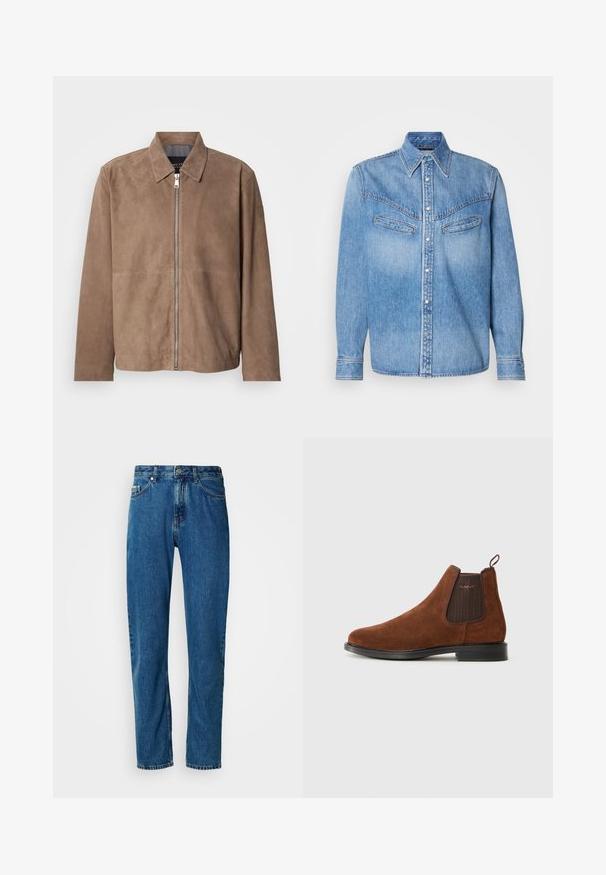 Brun ruskindsjakke med krave, lynlås foran og lange ærmer. Stoffet har en glat tekstur og få syninger.; LYSEBLÅ DENIMSKJORTE MED LANGE ÆRMER, SPIDSE KRAVE, TO BRYSTLOMMER OG KNAPLUKNING FORAN. HAR HVITE KNAPPER OG KONTRASTSYMNING.; Blå lige ben denim jeans med fem lommer og frontlukning med knap på en hvid baggrund.; Brune ruskinds Chelsea-støvle med elastisk sideskilt, løkke til at trække i bagpå, sort sål og subtil "GANT" logo på sideskilt.