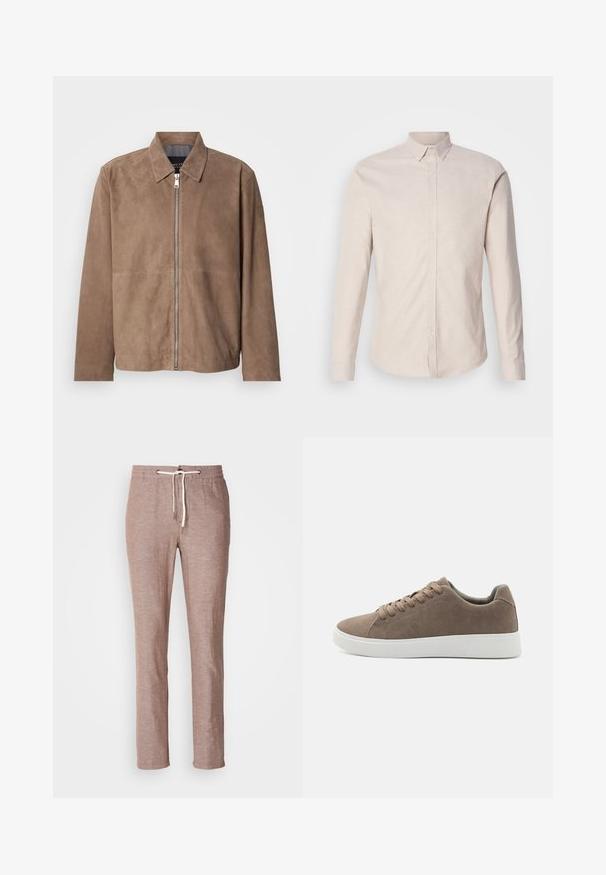 Veste en daim marron avec col, fermeture zippée à l'avant et manches longues. Le tissu a une texture lisse et présente peu de coutures.; Chemise beige clair à manches longues avec un col boutonné, fabriquée en tissu texturé, dotée d'une fermeture à boutons sur le devant et sans motifs visibles.; Pantalons en lin marron clair avec taille à cordon, coupe droite et surface légèrement texturée. Pas de poches supplémentaires ni de décorations.; Baskets en daim marron avec des semelles en caoutchouc blanc plat, design lacé, bout rond et texture lisse. Style minimaliste avec des détails de couture subtils.