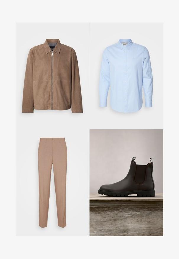 Chaqueta de ante marrón con cuello, cremallera frontal y mangas largas. La tela tiene una textura suave y presenta costuras mínimas.; Camisa de botones de manga larga de color azul claro con cuello abotonado, botones blancos y un discreto logotipo bordado en el lado izquierdo del pecho.; Pantalones beige a medida en una tela lisa y con textura. Corte recto con cintura y sin adornos ni bolsillos visibles.; Bota Chelsea de cuero negro flotando sobre un banco de madera con hierba verde al fondo.