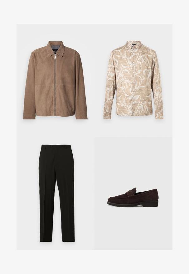 Veste en daim marron avec col, fermeture zippée à l'avant et manches longues. Le tissu a une texture lisse et présente peu de coutures.; Chemise beige à manches longues avec boutons sur le devant, motif de vigne feuillue blanche et col pointu.; Pantalons taillés noirs en tissu lisse, avec une coupe droite, une fermeture à bouton et des plis sur le devant pour plus de structure.; Mocassins en daim marron avec une silhouette basse et un embout arrondi. Présentent une sangle décorative sur le dessus, une semelle en caoutchouc plate et sans couture visible.