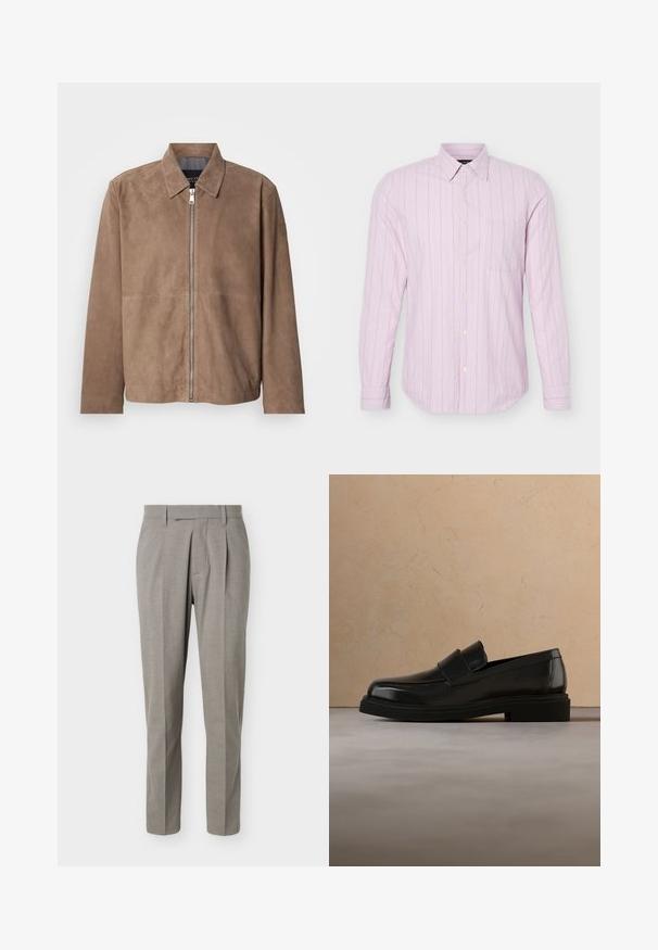 Veste en daim marron avec col, fermeture zippée à l'avant et manches longues. Le tissu a une texture lisse et présente peu de coutures.; Chemise rose clair à manches longues avec fines rayures verticales blanches et une poche poitrine unique, présentée sur un fond blanc.; Pantalon gris clair sur mesure à jambes droites, passants pour ceinture, plis avant et taille nette sur fond blanc.; Mocassin en cuir noir flottant au-dessus d'un tapis beige texturé, avec une table basse ronde en bois et des livres en arrière-plan.